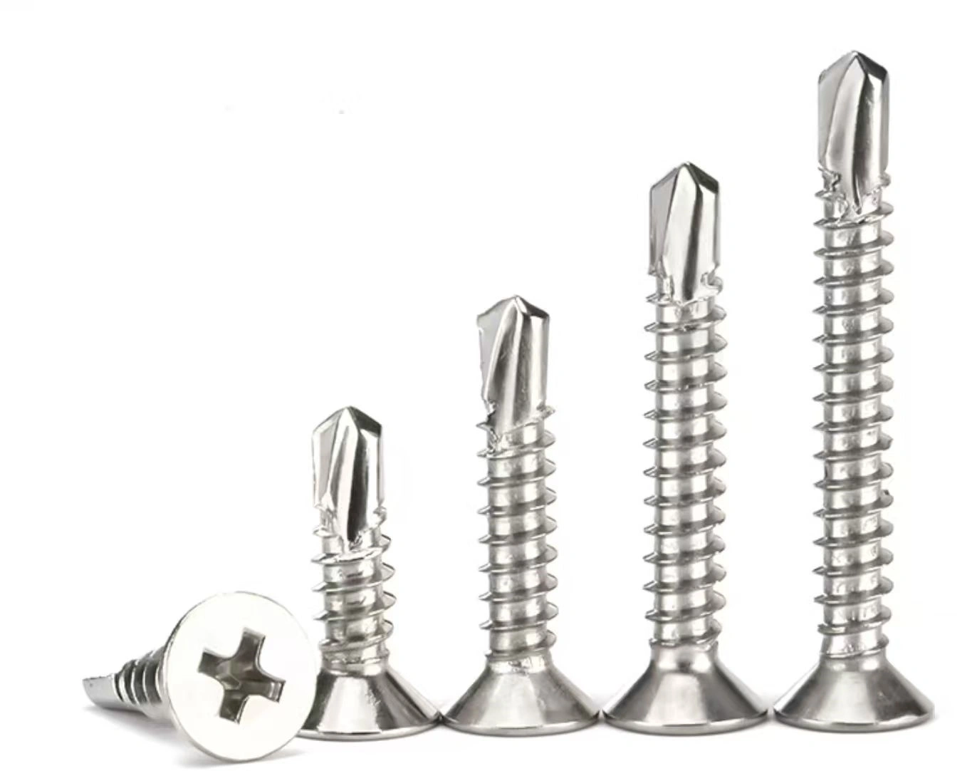 Close-up of self-drilling screw thread and drill point